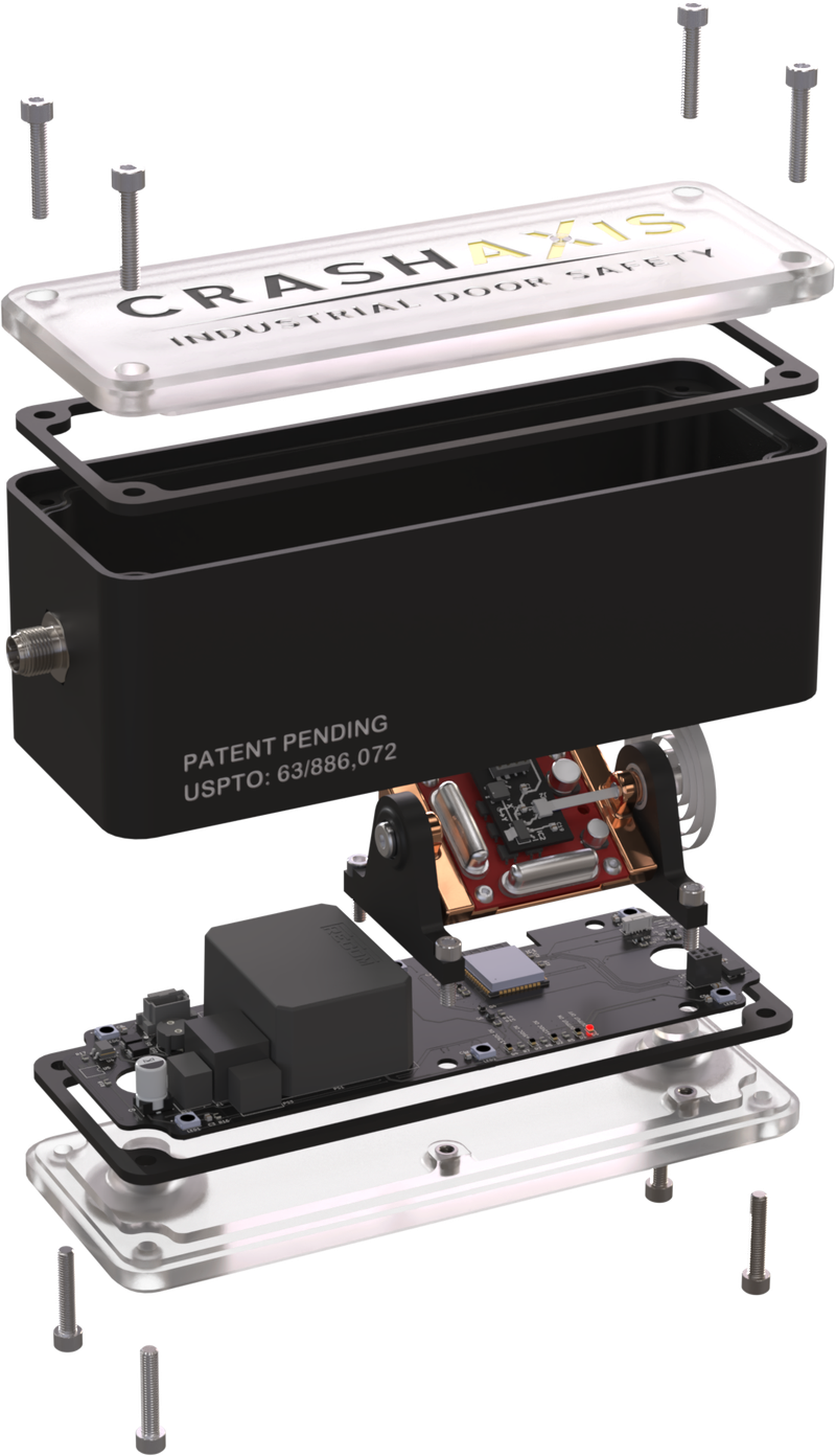 CrashAxis industrial door safety interlock — exploded view showing housing, gimbal-isolated sensor stack, and main PCB
